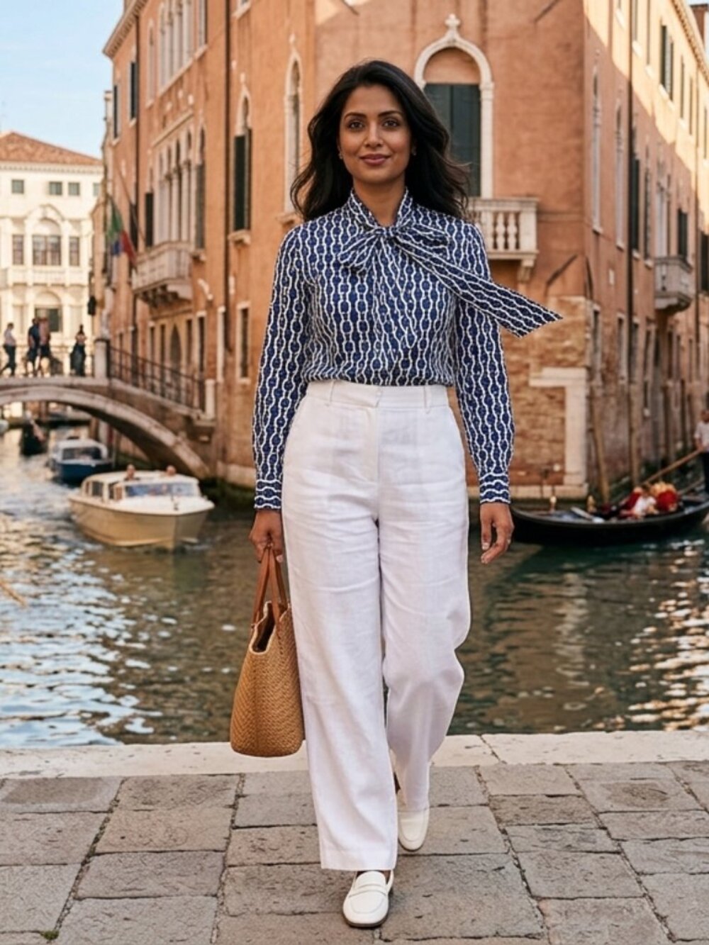 0039 Italy Geometric Tie-Neck Blouse | 100% Cotton | Navy & White | Size M